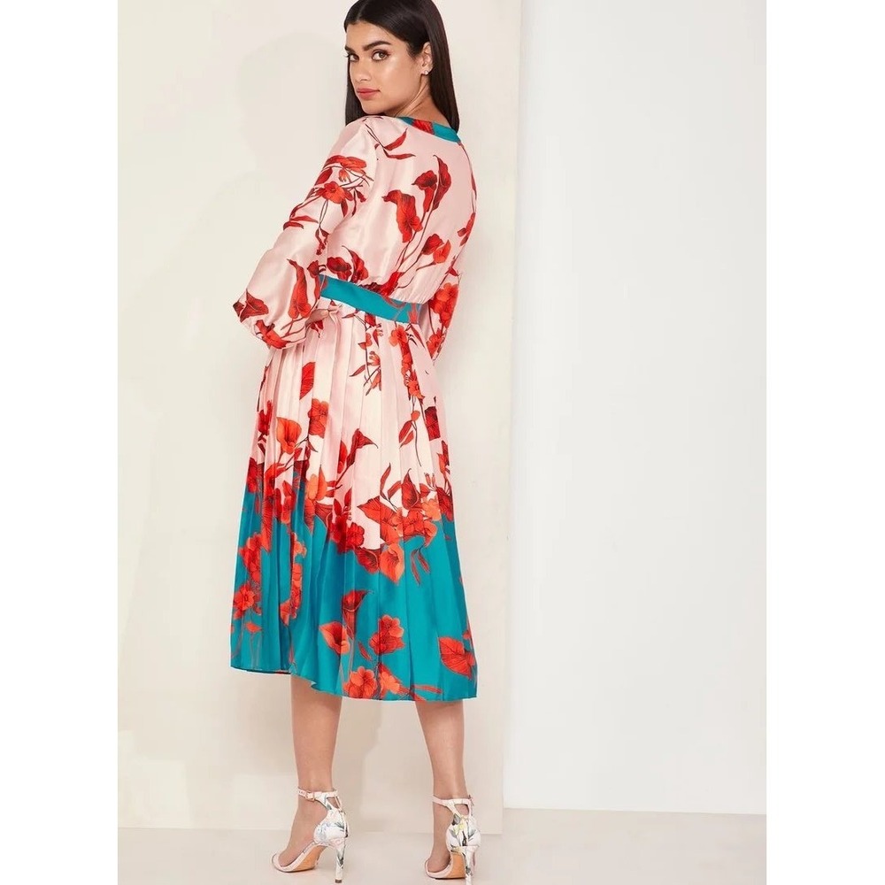 Ted Baker Karolyn Fantasia Floral Pleated Midi Dress Pink Red Teal Size 2 - Picture 2 of 13